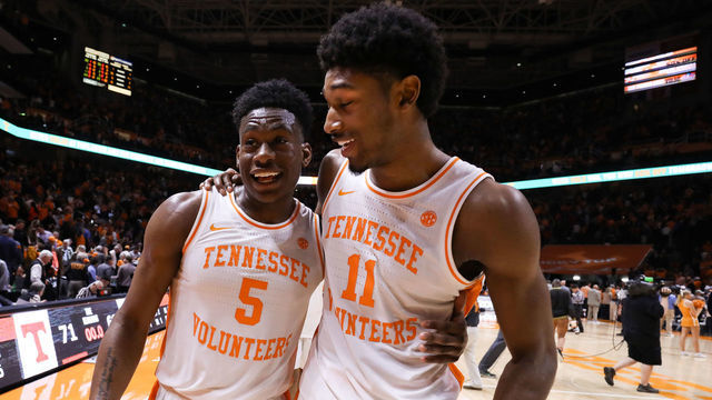 KNOXVILLE, TN - JANUARY 19: Admiral Schofield #5 of the Tennessee Volunteers and Kyle Alexander #11 of the Tennessee Volunteers walk off the court together after the second half of the game between the Alabama Crimson Tide and the Tennessee Volunteers at Thompson-Boling Arena on January 19, 2019 in Knoxville, Tennessee. Tennessee won the game 71-68.