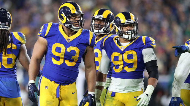 LOS ANGELES, CA - DECEMBER 16: Ndamukong Suh #93 and Aaron Donald #99 of the Los Angeles Rams look on during the game against the Philadelphia Eagles at the Los Angeles Memorial Coliseum on December 16, 2018 in Los Angeles, California . The Eagles defeated the Rams 30-23.