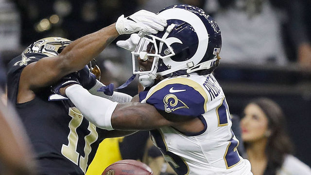 NEW ORLEANS, LOUISIANA - JANUARY 20: Tommylee Lewis #11 of the New Orleans Saints drops a pass broken up by Nickell Robey-Coleman #23 of the Los Angeles Rams during the fourth quarter in the NFC Championship game at the Mercedes-Benz Superdome on January 20, 2019 in New Orleans, Louisiana.