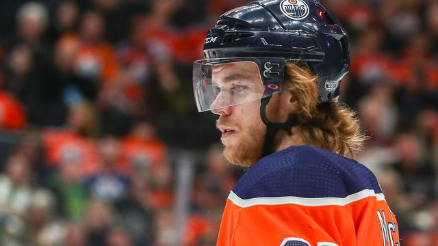 EDMONTON, AB - JANUARY 20: Edmonton Oilers Center Connor McDavid (97) is showing his black eye in the first period during the Edmonton Oilers game versus the Carolina Hurricanes on January 20, 2019 at Rogers Place in Edmonton, AB.