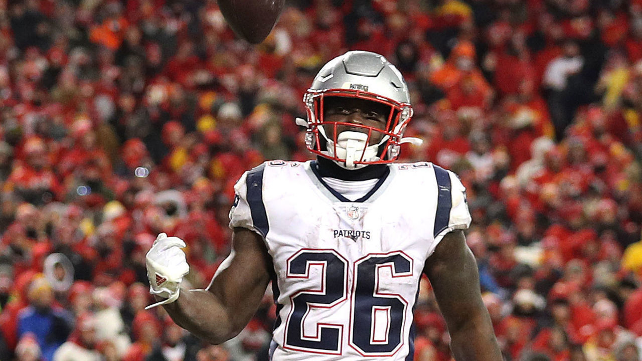 KANSAS CITY, MISSOURI - JANUARY 20: Sony Michel #26 of the New England Patriots celebrates after a touchdown in the fourth quarter against the Kansas City Chiefs during the AFC Championship Game at Arrowhead Stadium on January 20, 2019 in Kansas City, Missouri.