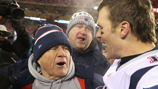 KANSAS CITY, MO - JANUARY 20: New England Patriots head coach Bill Belichick and quarterback Tom Brady (12) celebrate on the field after the AFC Championship Game game between the New England Patriots and Kansas City Chiefs on January 20, 2019 at Arrowhead Stadium in Kansas City, MO. The Patriots won 37-31 in overtime.