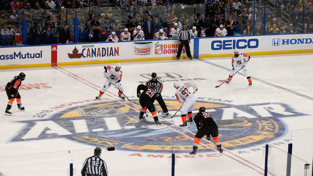 TAMPA, FL - JANUARY 28: Connor McDavid #97 of the Edmonton Oilers and Nathan MacKinnon #29 of the Colorado Avalanche take the center-ice face-off during the 2018 Honda NHL All-Star Game at Amalie Arena on January 28, 2018 in Tampa, Florida.