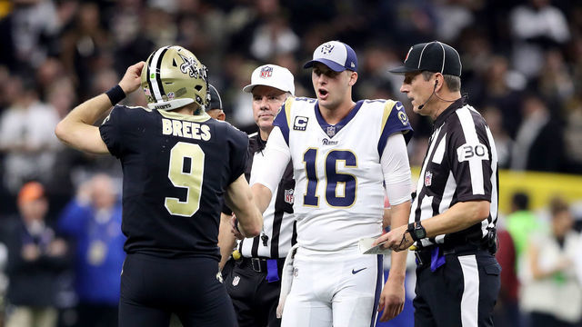 NEW ORLEANS, LOUISIANA - JANUARY 20: Drew Brees #9 of the New Orleans Saints shakes hands with Jared Goff #16 of the Los Angeles Rams at the start of overtime in the NFC Championship game at the Mercedes-Benz Superdome on January 20, 2019 in New Orleans, Louisiana.