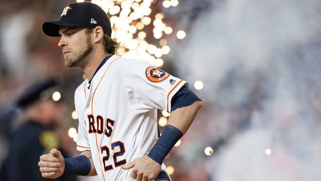HOUSTON, TX - OCTOBER 16: Josh Reddick #22 of the Houston Astros is introduced before game three of the American League Championship Series against the Boston Red Sox on October 16, 2018 at Minute Maid Park in Houston, Texas.