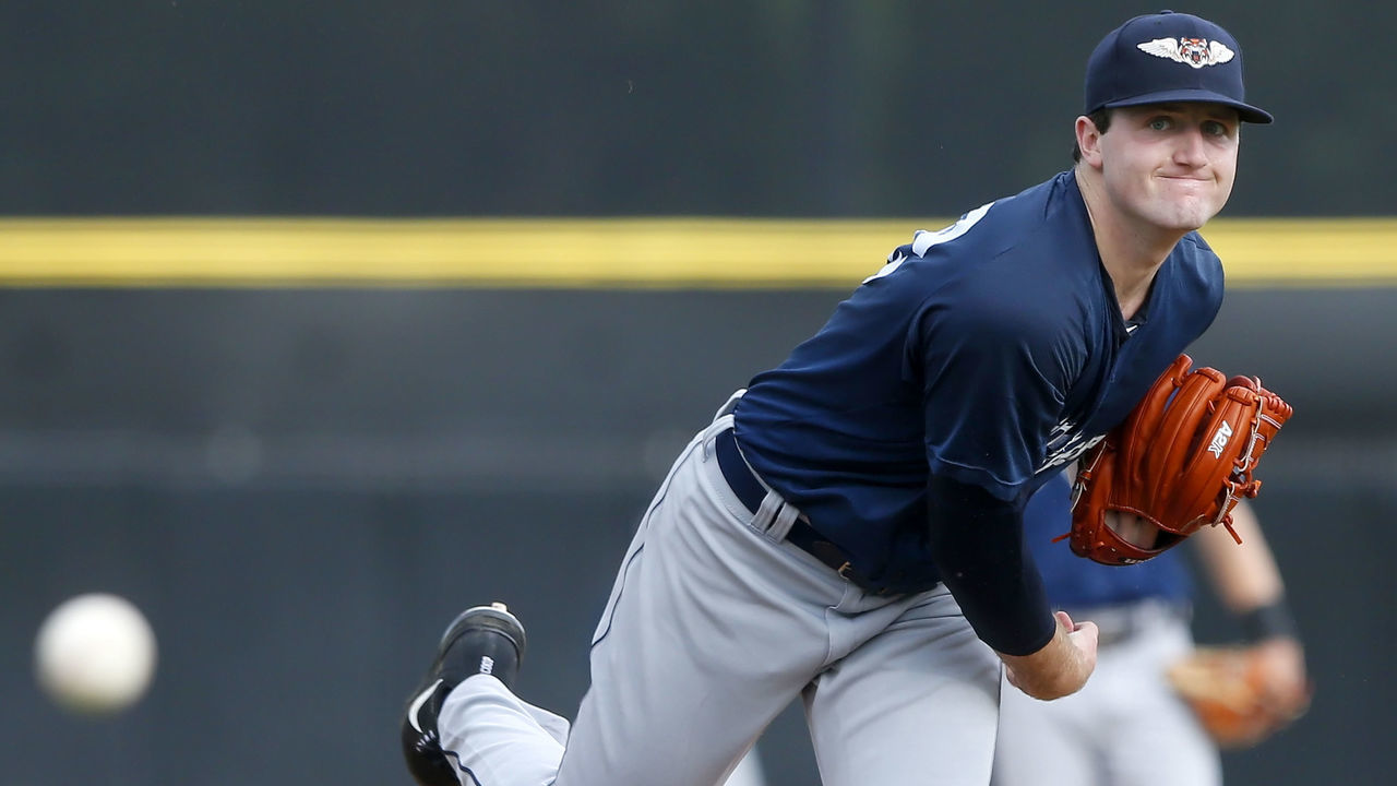 TAMPA, FL - JUL 31: 2018 1st overall pick in the Major League Baseball Amateur Draft, Casey Mize of the Flying Tigers delivers a pitch to the plate during the Florida State League game between the Lakeland Flying Tigers and the Dunedin Blue Jays on July 31, 2018, at Florida Auto Exchange Stadium in Dunedin, FL.