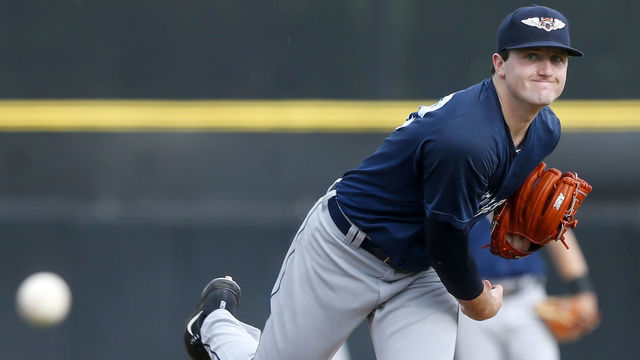TAMPA, FL - JUL 31: 2018 1st overall pick in the Major League Baseball Amateur Draft, Casey Mize of the Flying Tigers delivers a pitch to the plate during the Florida State League game between the Lakeland Flying Tigers and the Dunedin Blue Jays on July 31, 2018, at Florida Auto Exchange Stadium in Dunedin, FL.