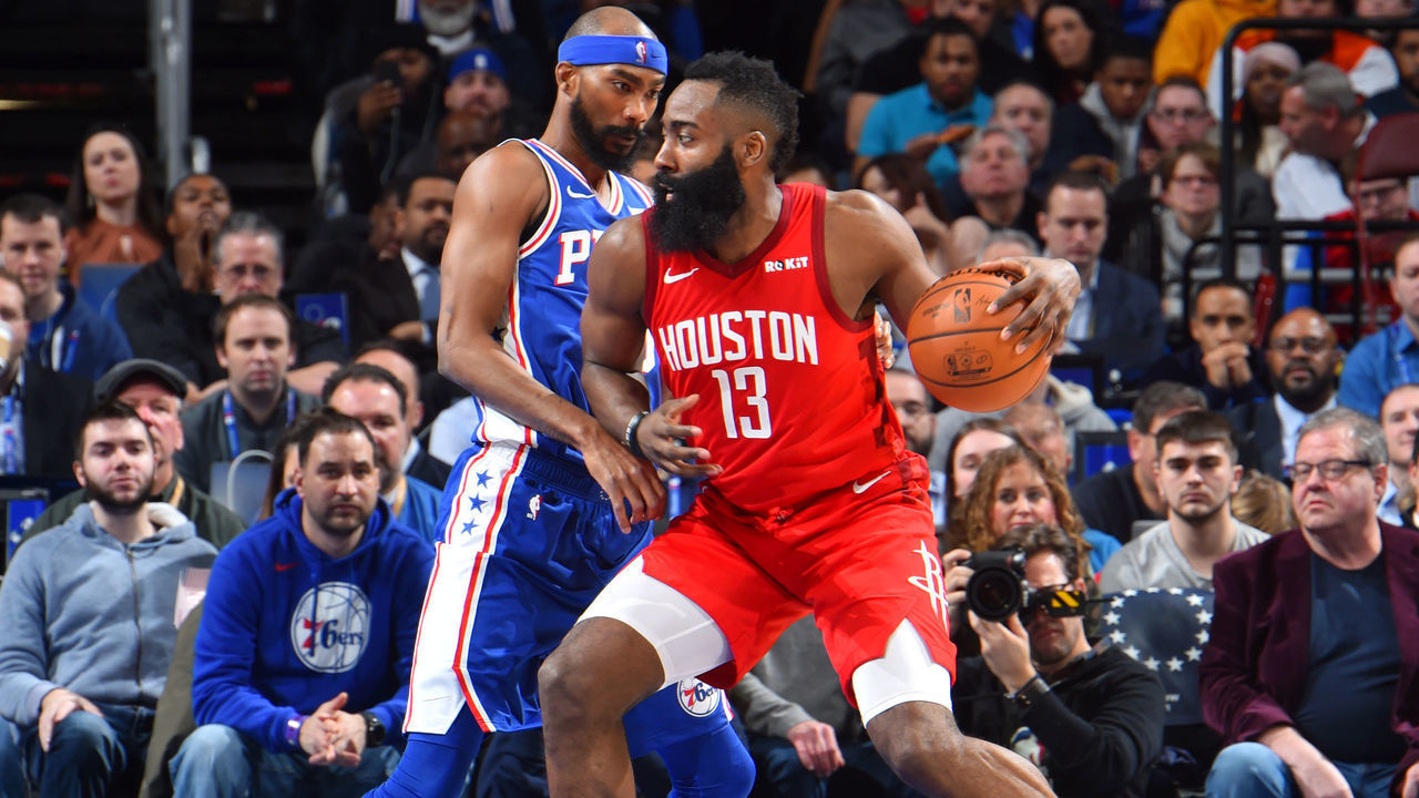 PHILADELPHIA, PA - JANUARY 21: James Harden #13 of the Houston Rockets handles the ball against Corey Brewer #3 of the Philadelphia 76ers on January 21, 2019 at the Wells Fargo Center in Philadelphia, Pennsylvania NOTE TO USER: User expressly acknowledges and agrees that, by downloading and/or using this Photograph, user is consenting to the terms and conditions of the Getty Images License Agreement. Mandatory Copyright Notice: Copyright 2019 NBAE