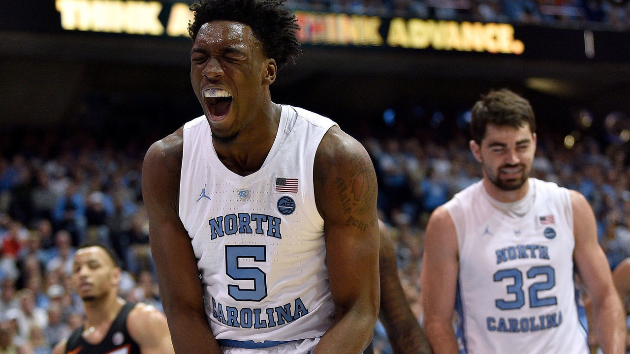 CHAPEL HILL, NORTH CAROLINA - JANUARY 21: Nassir Little #5 of the North Carolina Tar Heels reacts during the second half of their game against the Virginia Tech Hokies at the Dean Smith Center on January 21, 2019 in Chapel Hill, North Carolina. North Carolina won 103-82.