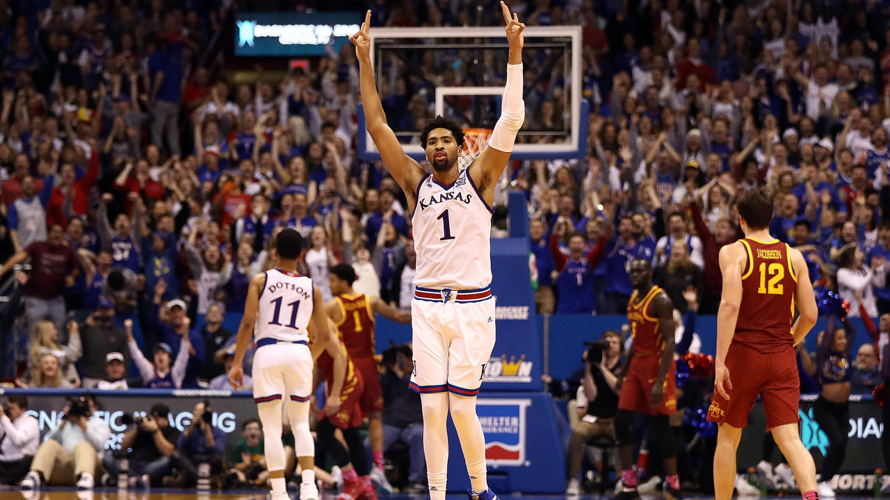 LAWRENCE, KANSAS - JANUARY 21: Dedric Lawson #1 of the Kansas Jayhawks reacts after making a three-pointer during the game against the Iowa State Cyclones at Allen Fieldhouse on January 21, 2019 in Lawrence, Kansas.
