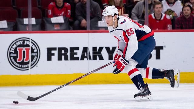 CHICAGO, IL - JANUARY 20: Washington Capitals left wing Andre Burakovsky (65) during a game between the Washington Capitals and the Chicago Blackhawks on January 20, 2019, at the United Center in Chicago, IL.