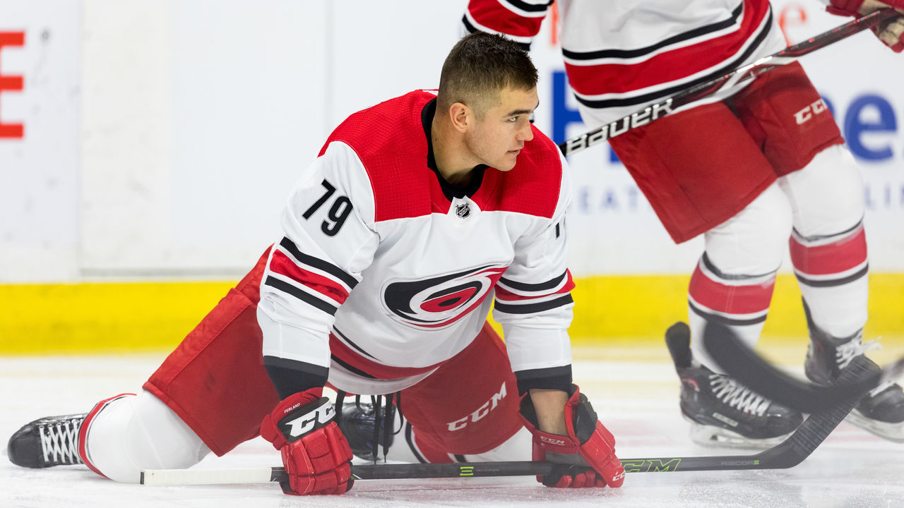 OTTAWA, ON - JANUARY 06: Carolina Hurricanes Right Wing Micheal Ferland (79) stretches during warm-up before National Hockey League action between the Carolina Hurricanes and Ottawa Senators on January 6, 2019, at Canadian Tire Centre in Ottawa, ON, Canada.