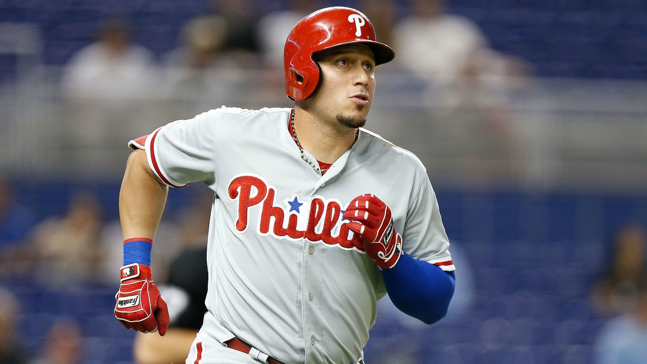 MIAMI, FL - SEPTEMBER 03: Asdrubal Cabrera #13 of the Philadelphia Phillies rounds the bases after hitting a solo home run in the second inning against the Miami Marlins at Marlins Park on September 3, 2018 in Miami, Florida.