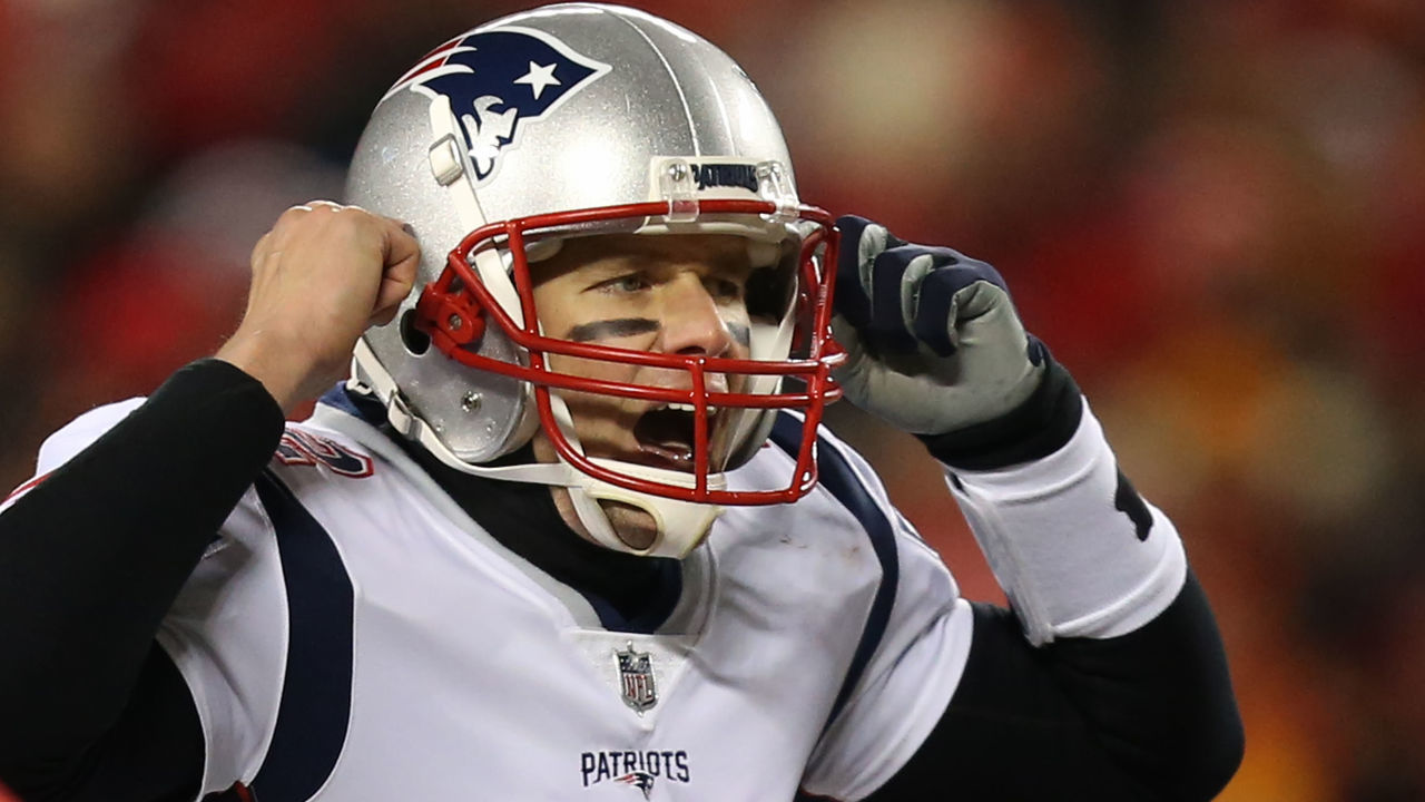 KANSAS CITY, MO - JANUARY 20: New England Patriots quarterback Tom Brady (12) points to his helmet as he tries to deal with the crowd noise at the line of scrimmage on 3rd and 1 from the Kansas City Chiefs 35 yard line in the first quarter of the AFC Championship Game game between the New England Patriots and Kansas City Chiefs on January 20, 2019 at Arrowhead Stadium in Kansas City, MO.