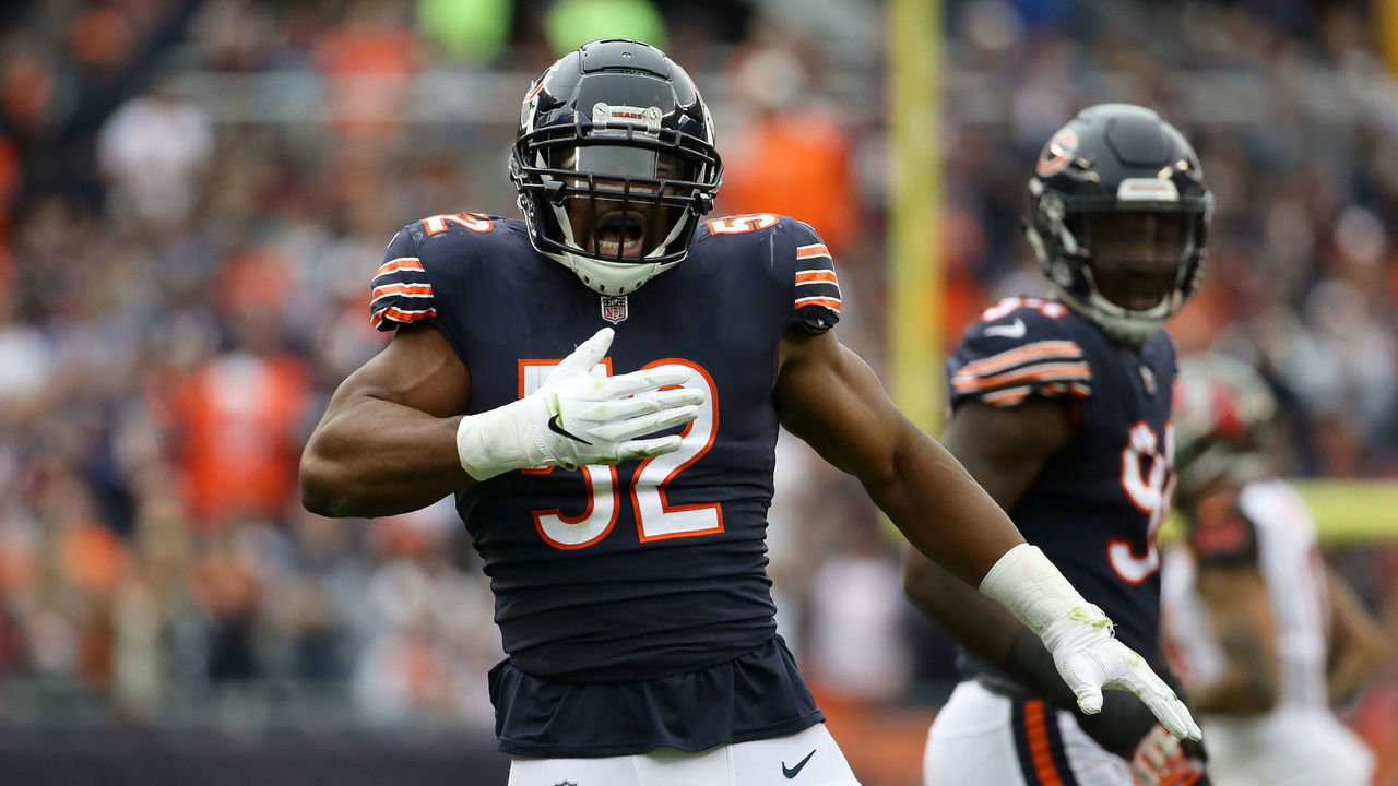 CHICAGO, IL - SEPTEMBER 30: Khalil Mack #52 of the Chicago Bears celebrates after stripping the football in the second quarter against the Tampa Bay Buccaneers at Soldier Field on September 30, 2018 in Chicago, Illinois.
