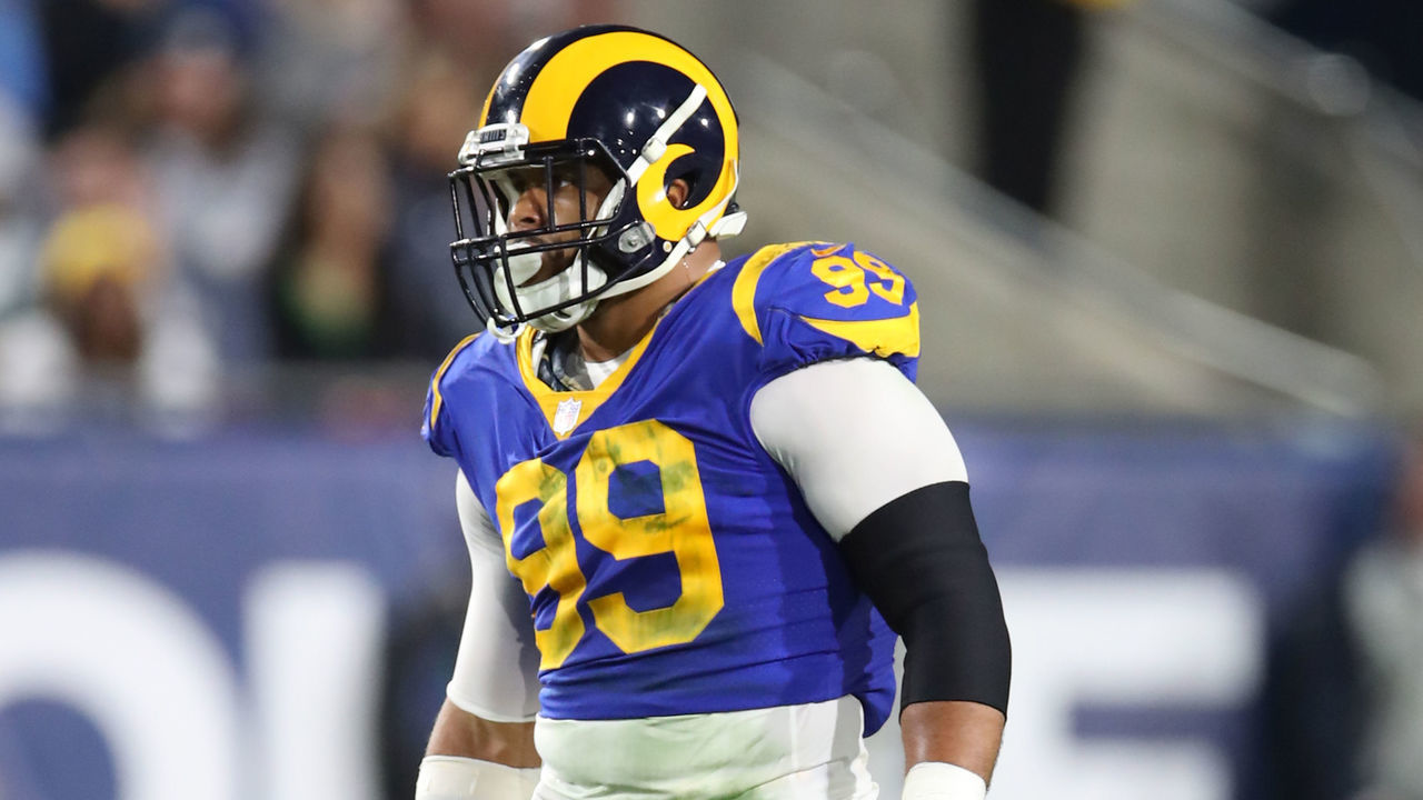 LOS ANGELES, CA - DECEMBER 16: Aaron Donald #99 of the Los Angeles Rams in action during the game against the Philadelphia Eagles at the Los Angeles Memorial Coliseum on December 16, 2018 in Los Angeles, California . The Eagles defeated the Rams 30-23.