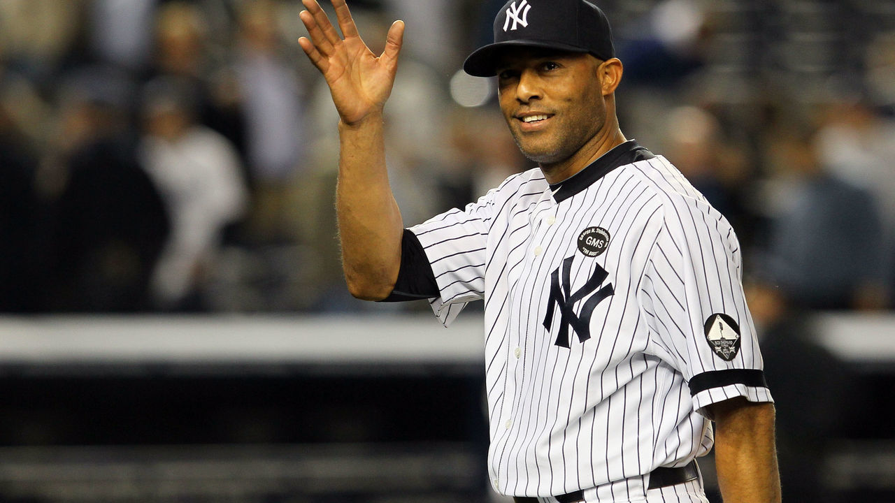 NEW YORK - OCTOBER 20: Mariano Rivera #42 of the New York Yankees celebrates after the Yankees won 7-2 against the Texas Rangers in Game Five of the ALCS during the 2010 MLB Playoffs at Yankee Stadium on October 20, 2010 in the Bronx borough of New York City.