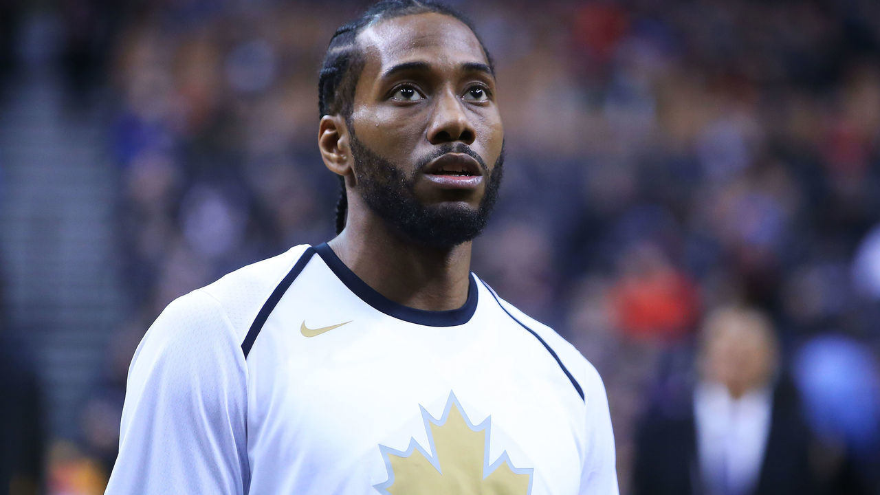 TORONTO, ON - JANUARY 11: Kawhi Leonard #2 of the Toronto Raptors looks on during warmup, prior to the first half of an NBA game against the Brooklyn Nets at Scotiabank Arena on January 11, 2019 in Toronto, Canada.