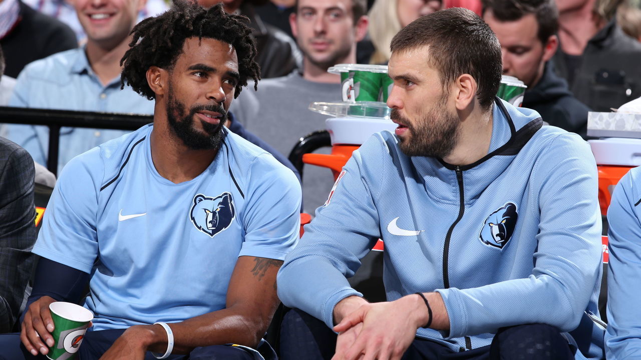 PORTLAND, OR - NOVEMBER 7: Mike Conley #11 of the Memphis Grizzlies and Marc Gasol #33 of the Memphis Grizzlies speak during the game against the Portland Trail Blazers on November 7, 2017 at the Moda Center in Portland, Oregon. Mandatory Copyright Notice: Copyright 2017 NBAE