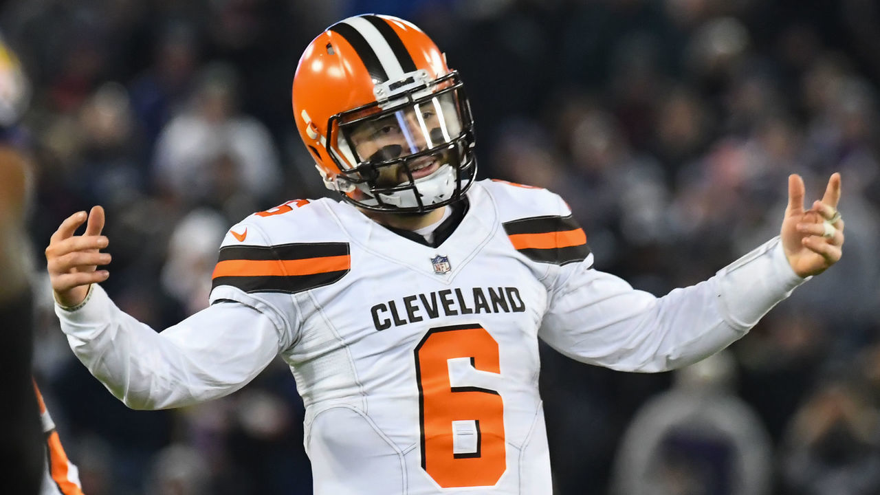 BALTIMORE, MD - DECEMBER 30, 2018: Quarterback Baker Mayfield #6 of the Cleveland Browns gestures toward the Baltimore Ravens defense in the third quarter of a game on December 30, 2018 at M&T Bank Stadium in Baltimore, Maryland. Baltimore won 26-24. (Photo by: 2018 Nick Cammett/Diamond Images/Getty Images)