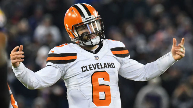 BALTIMORE, MD - DECEMBER 30, 2018: Quarterback Baker Mayfield #6 of the Cleveland Browns gestures toward the Baltimore Ravens defense in the third quarter of a game on December 30, 2018 at M&T Bank Stadium in Baltimore, Maryland. Baltimore won 26-24. (Photo by: 2018 Nick Cammett/Diamond Images/Getty Images)
