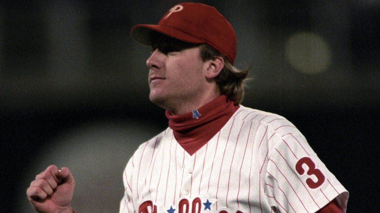 PHILADELPHIA, PA - OCTOBER 21 1993: Curt Schilling #38 of the Philadelphia Phillies celebrates after winning Game 5 of the 1993 World Series against the Toronto Blue Jays on October 21,1993 in Philadelphia, Pennsylvania.