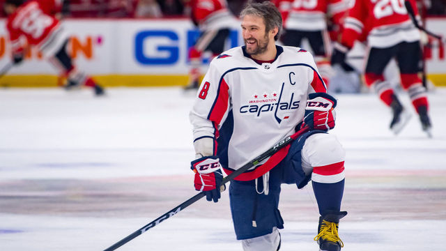 CHICAGO, IL - JANUARY 20: Washington Capitals left wing Alex Ovechkin (8) warms up prior to a game between the Washington Capitals and the Chicago Blackhawks on January 20, 2019, at the United Center in Chicago, IL.
