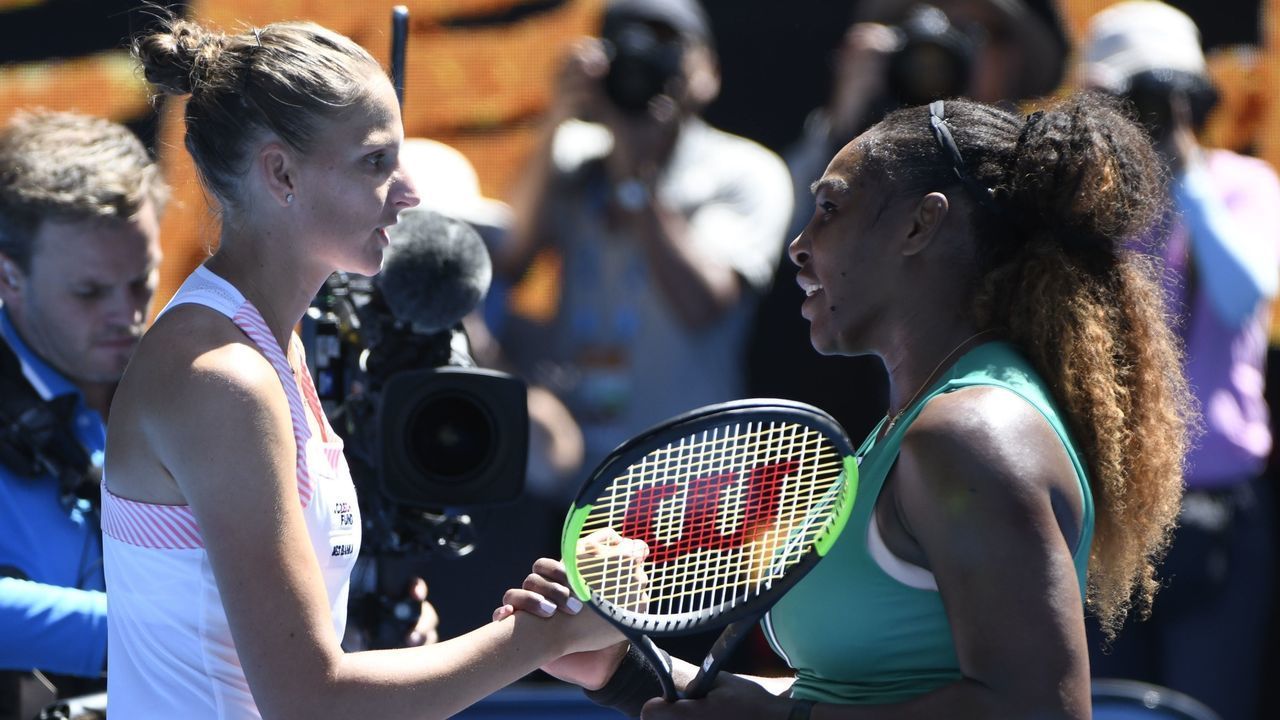 MELBOURNE, AUSTRALIA - JANUARY 23: Serena Williams (R) of USA greets Karolina Pliskova (L) of Czech Republic after Australian Open 2019 Women's Singles match in Melbourne, Australia on January 23, 2019. Pliskova advanced to the semifinals after winning 2-1.