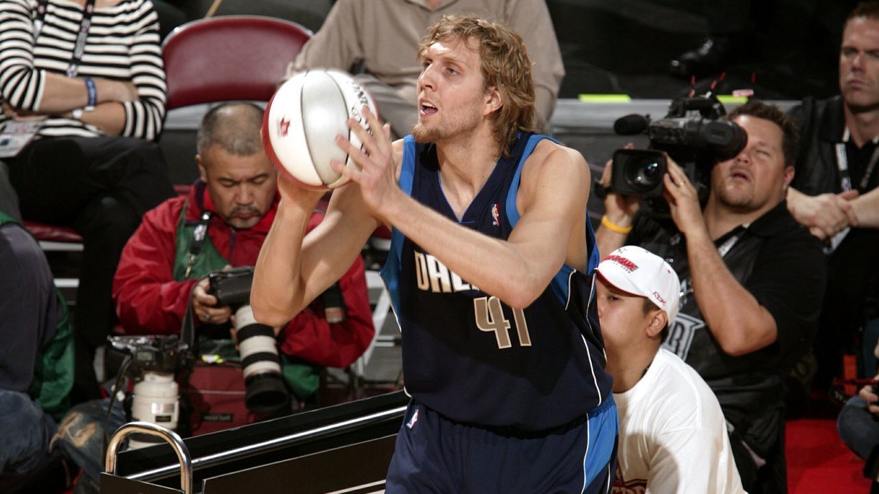 HOUSTON - FEBRUARY 18: Dirk Nowitzki of the Dallas Mavericks shoots during the Footlocker Three-Point Shootout at the 2006 NBA All-Star Weekend February 18, 2006 at the Toyota Center in Houston, Texas. Mandatory Copyright Notice: Copyright 2006 NBAE