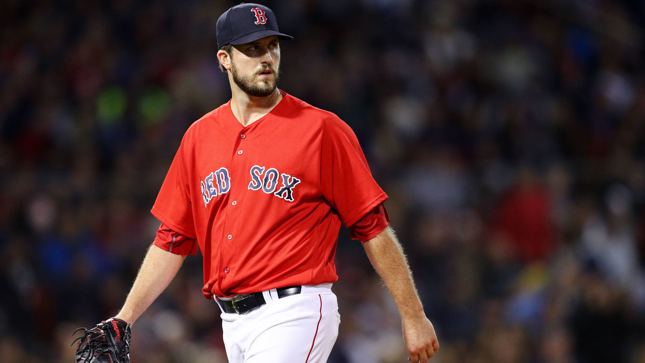 BOSTON, MA - SEPTEMBER 28: Drew Pomeranz #31 of the Boston Red Sox walks to the dugout during the seventh inning against the New York Yankees at Fenway Park on September 28, 2018 in Boston, Massachusetts.