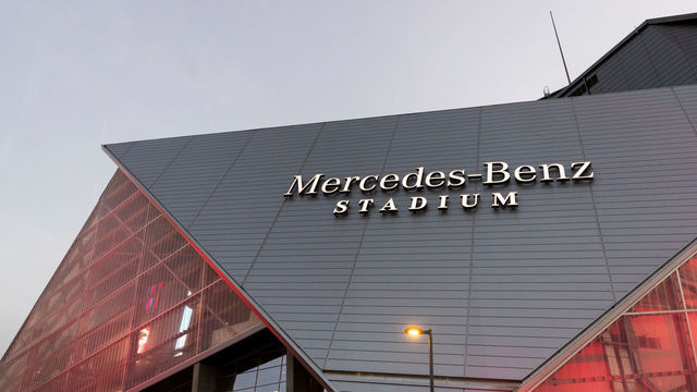 ATLANTA, GA - OCTOBER 22: Detail view of the Mercedes-Benz Stadium logo during an NFL regular season game against the New York Giants and the Atlanta Flacons at Mercedes-Benz Stadium on October 22, 2018, in Atlanta, GA.