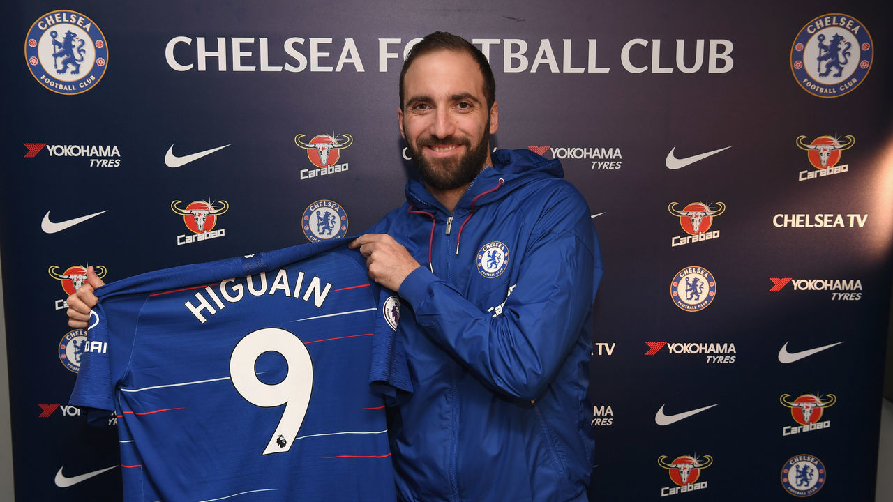 LONDON, ENGLAND - JANUARY 23: Gonzalo Higuain of Chelsea signs for Chelsea at Stamford Bridge on January 23, 2019 in London, England.