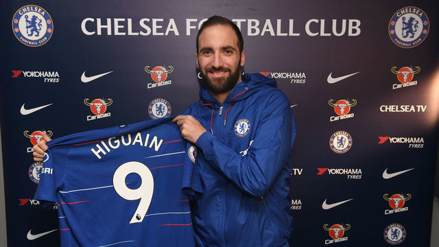 LONDON, ENGLAND - JANUARY 23: Gonzalo Higuain of Chelsea signs for Chelsea at Stamford Bridge on January 23, 2019 in London, England.