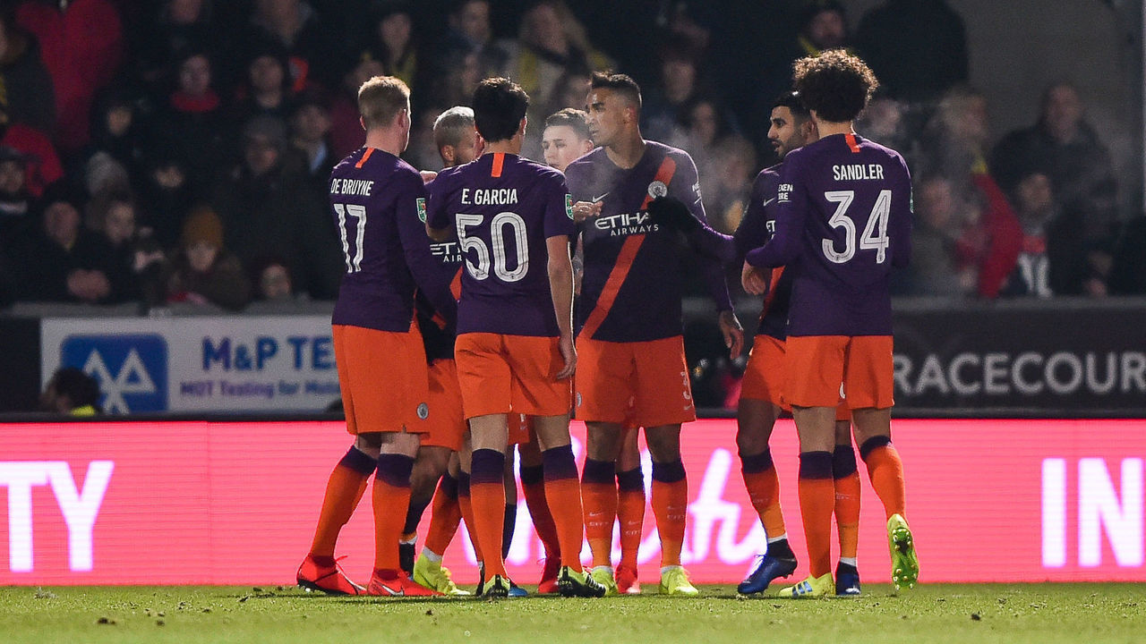 Manchester City players celebrate after scoring a goal to make it 0-1 during the Carabao Cup match between Burton Albion and Manchester City at the Pirelli Stadium, Burton upon Trent on Wednesday 23rd January 2019. (Credit: MI News &amp; Sport)