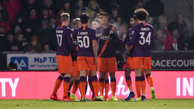 Manchester City players celebrate after scoring a goal to make it 0-1 during the Carabao Cup match between Burton Albion and Manchester City at the Pirelli Stadium, Burton upon Trent on Wednesday 23rd January 2019. (Credit: MI News & Sport)