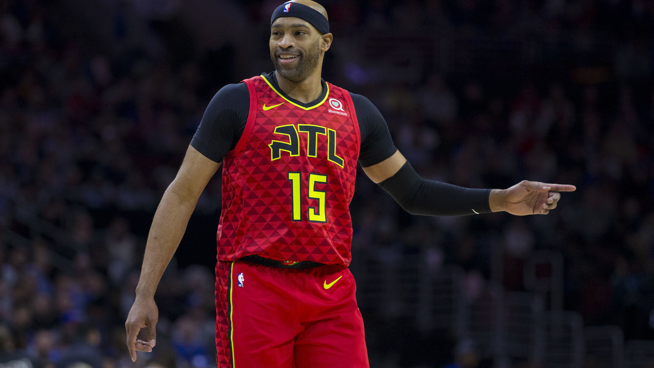 PHILADELPHIA, PA - JANUARY 11: Vince Carter #15 of the Atlanta Hawks reacts against the Philadelphia 76ers at the Wells Fargo Center on January 11, 2019 in Philadelphia, Pennsylvania. The Hawks defeated the 76ers 123-121.