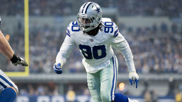 INDIANAPOLIS, IN - DECEMBER 16: Dallas Cowboys defensive end Demarcus Lawrence (90) rushes into the backfield during the NFL game between the Indianapolis Colts and Dallas Cowboys on December 16, 2018, at Lucas Oil Stadium in Indianapolis, IN.