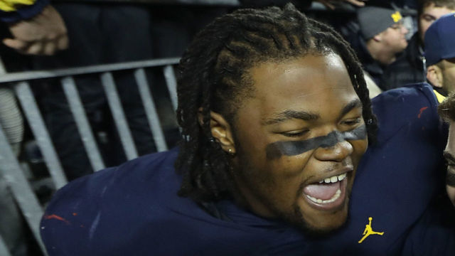 ANN ARBOR, MI - NOVEMBER 03: Rashan Gary #3 and Shea Patterson #2 of the Michigan Wolverines celebrate a win over the Penn State Nittany Lions at Michigan Stadium on November 3, 2018 in Ann Arbor, Michigan. Michigan defeated Penn State 42-7.