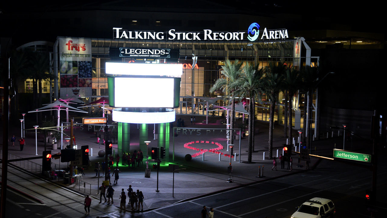 PHOENIX, AZ - AUGUST 12: An overall exterior shot of of Talking Stick Resort Arena as the Phoenix Mercury Host Rock the Pink Night for Breast Health Awareness before the game between the Seattle Storm on August 12, 2017 at Talking Stick Resort Arena in Phoenix, Arizona. Mandatory Copyright Notice: Copyright 2017 NBAE