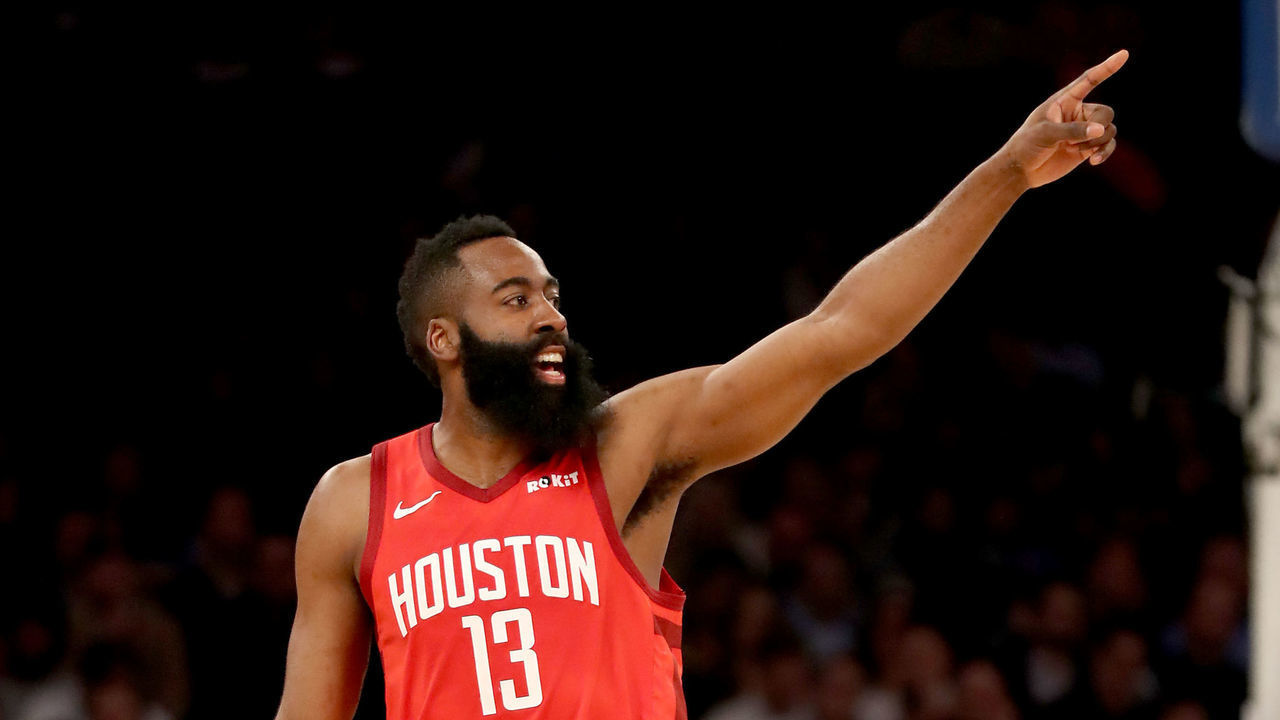 NEW YORK, NEW YORK - JANUARY 23: James Harden #13 of the Houston Rockets celebrates his three point shot in the first quarter against the New York Knicks at Madison Square Garden on January 23, 2019 in New York City.