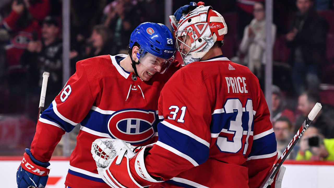 MONTREAL, QC - JANUARY 12: Mike Reilly #28 of the Montreal Canadiens congratulates goaltender Carey Price #31 for their victory against the Colorado Avalanche during the NHL game at the Bell Centre on January 12, 2019 in Montreal, Quebec, Canada. The Montreal Canadiens defeated the Colorado Avalanche 3-0.