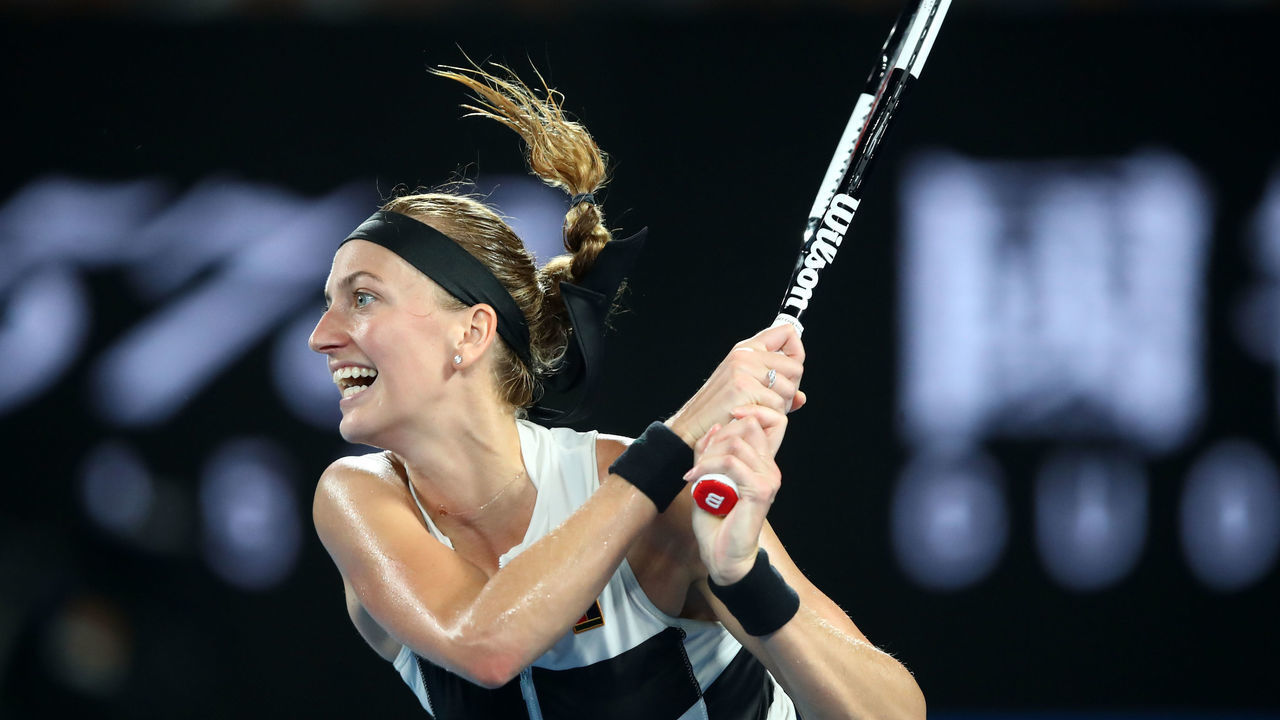 MELBOURNE, AUSTRALIA - JANUARY 24: Petra Kvitova of the Czech Republic plays a backhand in her Women's Semi Final match against Danielle Collins of the United States during day 11 of the 2019 Australian Open at Melbourne Park on January 24, 2019 in Melbourne, Australia.
