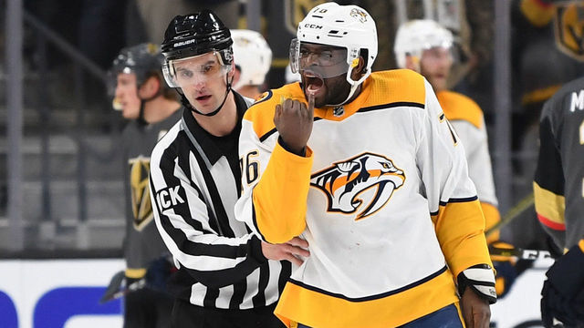 LAS VEGAS, NV - JANUARY 23: P.K. Subban #76 of the Nashville Predators reacts after an incident with Pierre-Edouard Bellemare #41 of the Vegas Golden Knights during the second period at T-Mobile Arena on January 23, 2019 in Las Vegas, Nevada.
