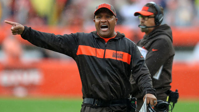 CLEVELAND, OH - SEPTEMBER 09: Cleveland Browns head coach Hue Jackson yells to an official during the second quarter of the National Football League game between the Pittsburgh Steelers and Cleveland Browns on September 9, 2018, at FirstEnergy Stadium in Cleveland, OH. Pittsburgh and Cleveland tied 21-21.