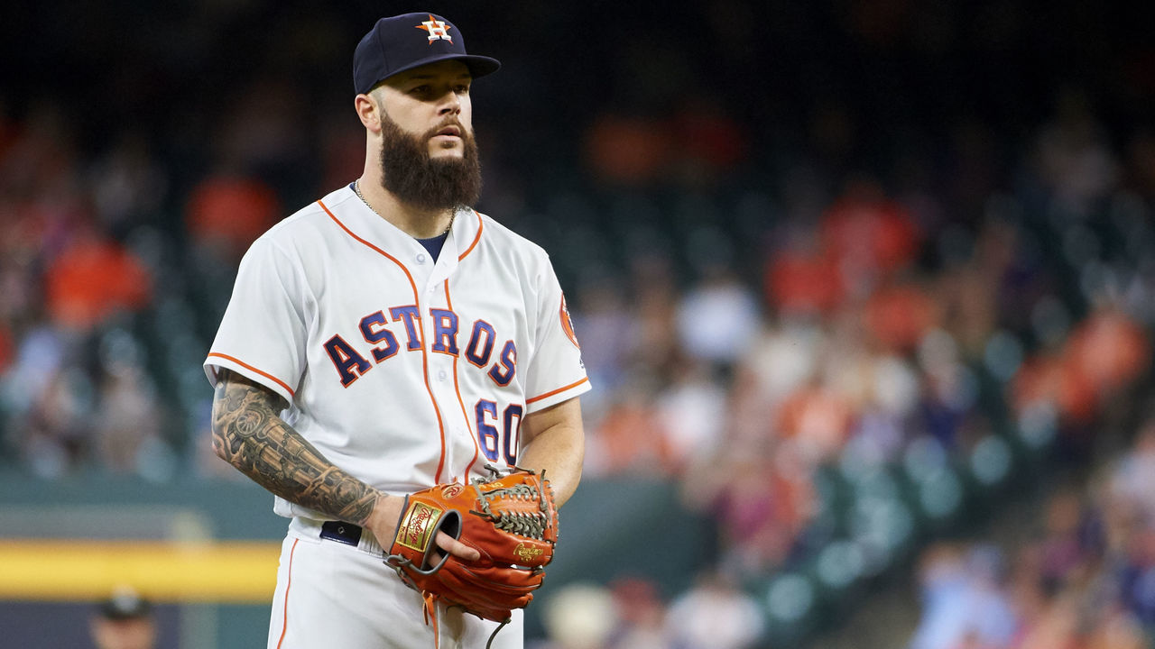 HOUSTON, TX - AUGUST 29: Dallas Keuchel #60 of the Houston Astros pitches against the Oakland Athletics during a baseball game at Minute Maid Park on Wednesday, August 29, 2018 in Houston, Texas.