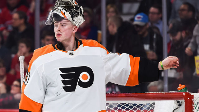 MONTREAL, QC - JANUARY 19: Look on Philadelphia Flyers goalie Carter Hart (79) during the Philadelphia Flyers versus the Montreal Canadiens game on January 19, 2019, at Bell Centre in Montreal, QC