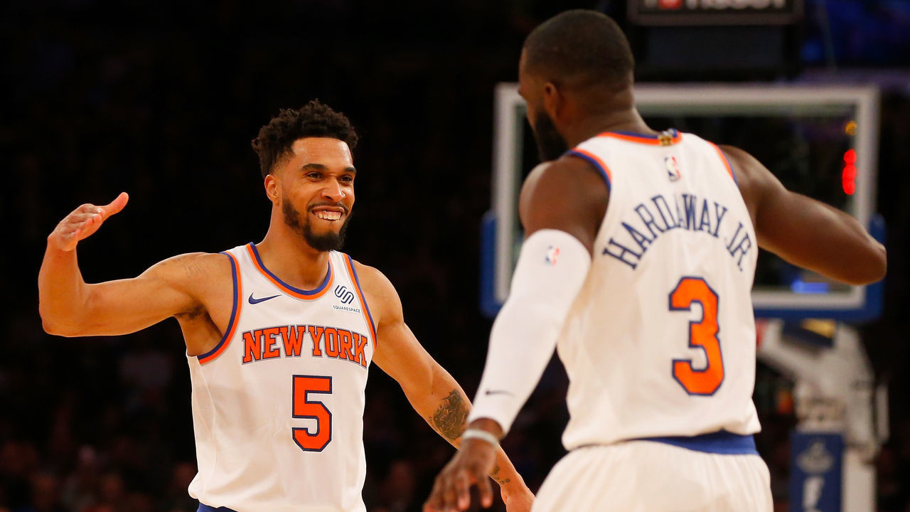 NEW YORK, NY - NOVEMBER 13: (NEW YORK DAILIES OUT) Courtney Lee #5 and Tim Hardaway Jr. #3 of the New York Knicks in action against the Cleveland Cavaliers at Madison Square Garden on November 13, 2017 in New York City. The Cavaliers defeated the Knicks 104-101. NOTE TO USER: User expressly acknowledges and agrees that, by downloading and/or using this Photograph, user is consenting to the terms and conditions of the Getty Images License Agreement.