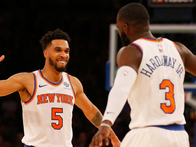 NEW YORK, NY - NOVEMBER 13: (NEW YORK DAILIES OUT) Courtney Lee #5 and Tim Hardaway Jr. #3 of the New York Knicks in action against the Cleveland Cavaliers at Madison Square Garden on November 13, 2017 in New York City. The Cavaliers defeated the Knicks 104-101. NOTE TO USER: User expressly acknowledges and agrees that, by downloading and/or using this Photograph, user is consenting to the terms and conditions of the Getty Images License Agreement.
