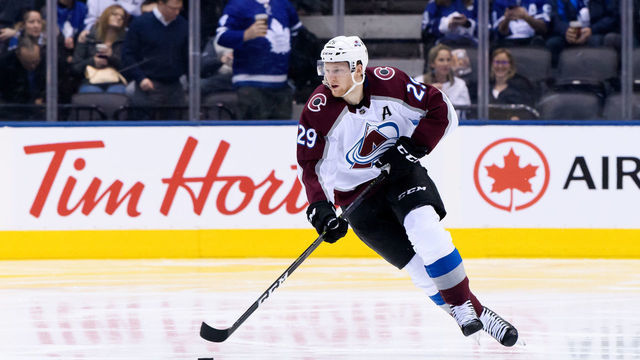 TORONTO, ON - JANUARY 14: Colorado Avalanche Center Nathan MacKinnon (29) skates with the puck during the NHL regular season game between the Colorado Avalanche and the Toronto Maple Leafs on January 14, 2019, at Scotiabank Arena in Toronto, ON, Canada.