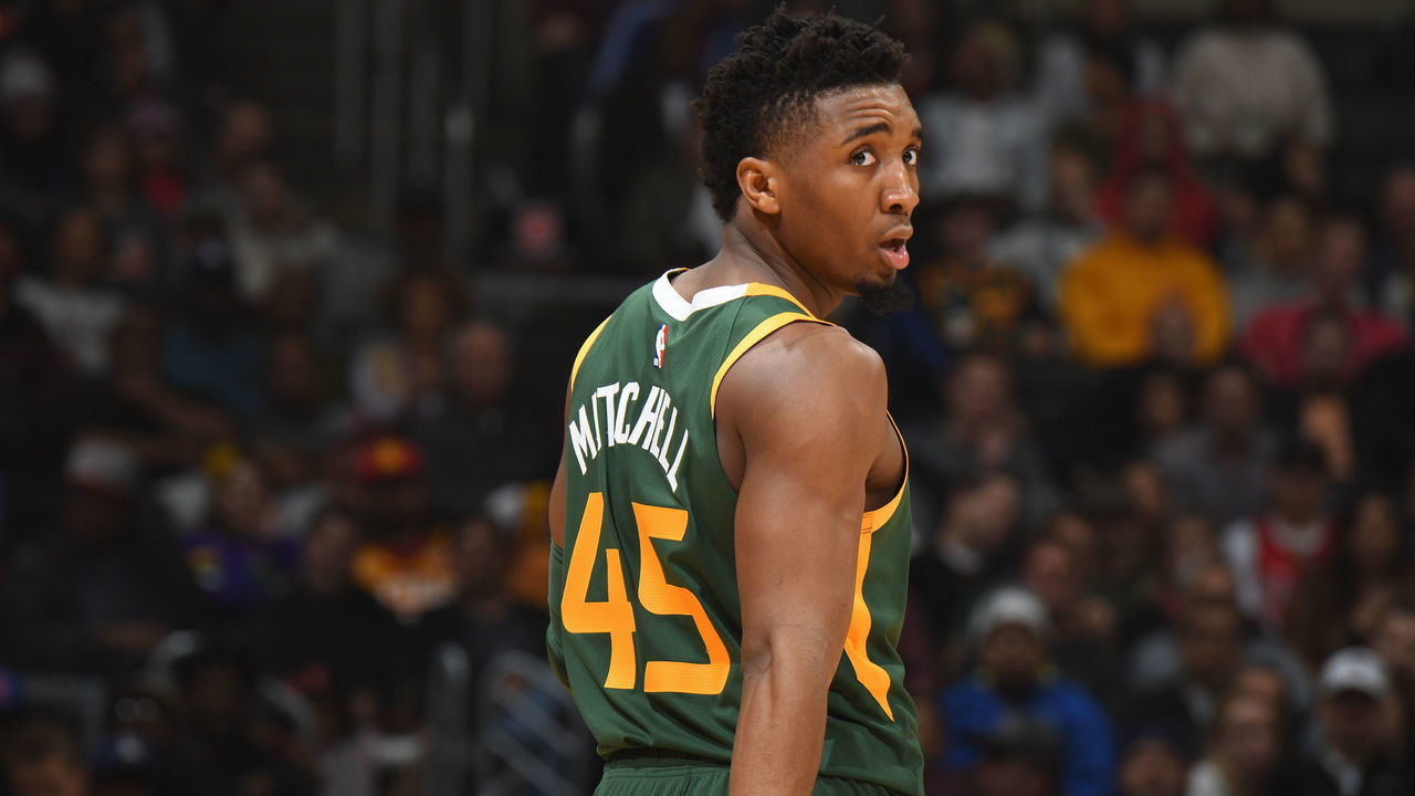 LOS ANGELES, CA - JANUARY 16: Donovan Mitchell #45 of the Utah Jazz looks on during a game against the LA Clippers on January 16, 2019 at STAPLES Center in Los Angeles, California. NOTE TO USER: User expressly acknowledges and agrees that, by downloading and/or using this Photograph, user is consenting to the terms and conditions of the Getty Images License Agreement. Mandatory Copyright Notice: Copyright 2019 NBAE